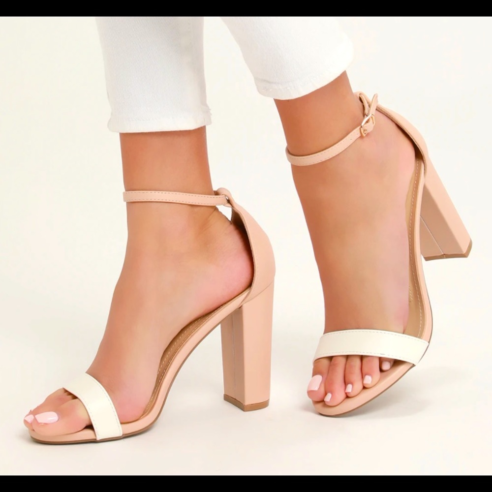 Nude and white ankle strap heels